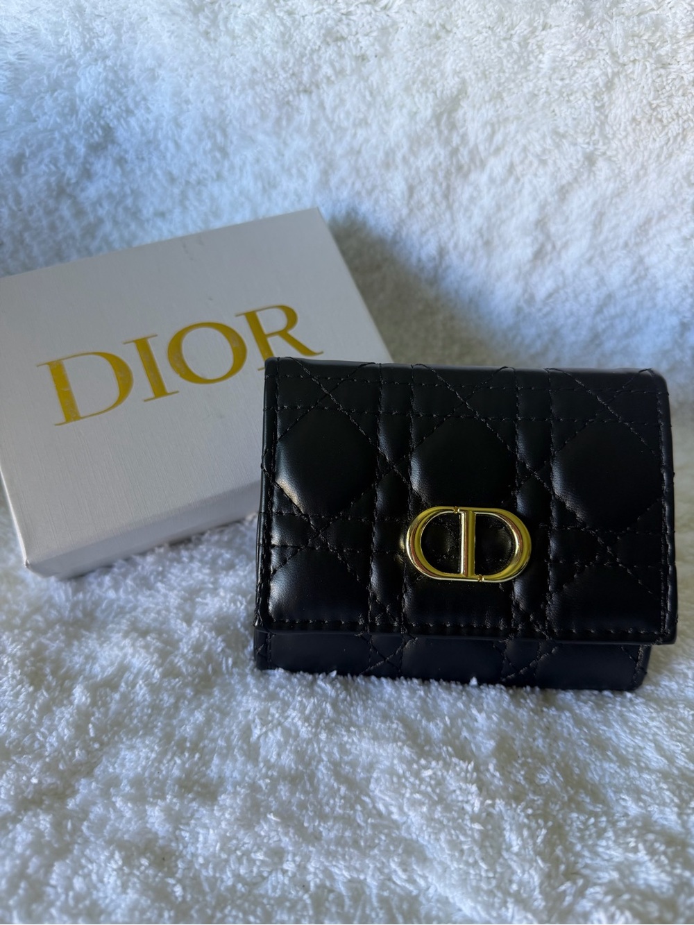 Black Quilted Cannage Leather Trifold Chain Wallet with Gold Logo Hardware